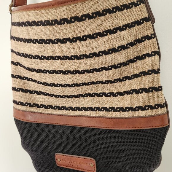 Lucky Brand Purse Tan Brown Natural Linen Faux Leather Bucket Hobo Crossbody Bag - Picture 4 of 13